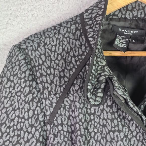 Sandro Leopard Cinched Waist Jacket Large Belted Animal Print Button Mock Neck - Picture 14 of 15